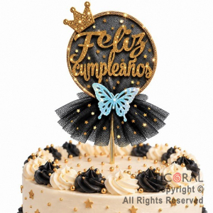 CAKE TOPPER FELIZ CUMPLEA�OS CIRCULO ORO CON TUL NEGRO